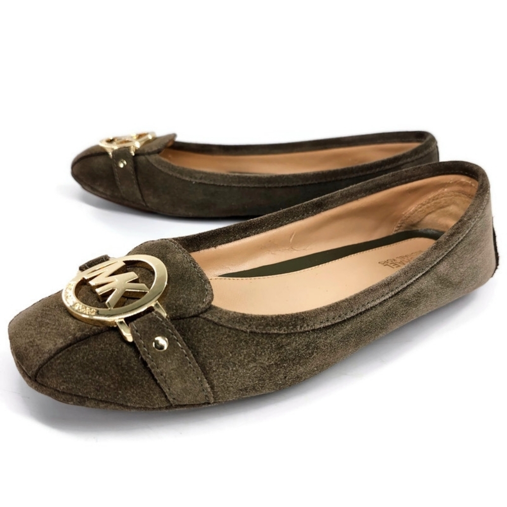 Michael Kors Fulton Dark Olive Green Suede Gold MK Logo Slip-On Driving Loafers